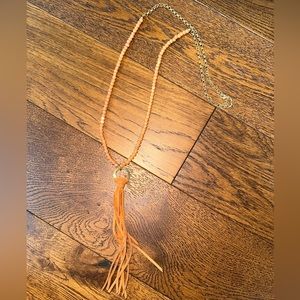 Tan Long Beaded and Leather Tassel Necklace